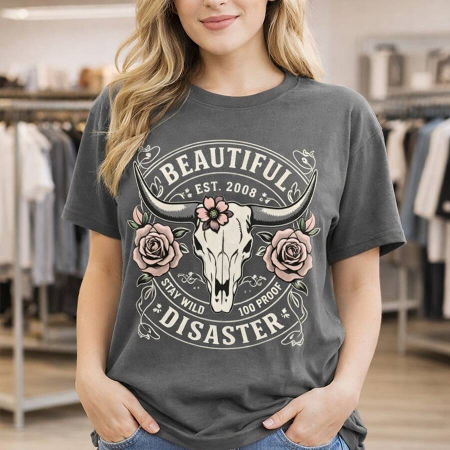 Women's Plus Size Cotton T-Shirt, Beautiful Disaster Graphic Print, Vintage Bull Skull & Rose Design, Casual Loose Fit Tee, Short Sleeve Round Neck Top, Sizes M-5XL, Soft Comfortable Cotton Fabric, Fashionable Western Style Shirt For Daily Wear - Màu xám đen - Xem 1