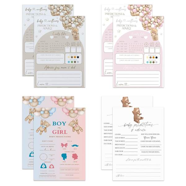 20pcs "Prediction & Suggestion" Gender Reveal Baby Shower Party Game Cards, 4 Unique Teddy Bear & Balloon Designs, Cards To Predict Baby's Traits, Suitable For Baby Shower, Gender Reveal And Family Entertainment