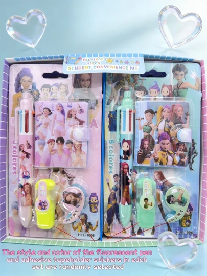 K-POP Girl Group Theme Stationery Gift Set - Vibrant Artistic Character Design Ballpoint Pen, Notebook, Eraser And Ruler, Collectible Fangoods, High-Quality School & Office Supplies For Note-Taking, Journaling And DIY, Fashionable Stationery Accessories, Ideal Gift For K-POP Girl Group Fans, Students And Stationery Lovers