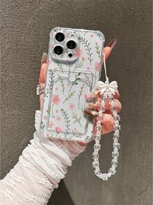 Flower Sweet Floral Pattern Transparent Card Slot Soft TPU Phone Case With Bracelet Strap, Precise Cutouts, Anti-Fall, Wear-Resistant, Minimalist Design, Printed Protective Cover For IPhone 17/17 Pro/17 Pro Max, 16 XR/7/8, 15 Pro Max, 12 Pro Max, 13 Pro Max, 14 Pro Max, 13, 14, 11, 12, P14, P11, P12, XS, XR, 7/8, P, 7/8 GES2 - Clear - View 2