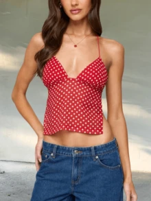 Womens Sexy Backless Halter Top Y2k Polka Dot Print Spaghetti Strap Sleeveless Deep V Neck Tie Back Cami Tank Tops Mesh See Through Camisole Crop Tops Summer Cute Going Out Tops Party Club Beach Vacation Streetwear - 紅色 - 查看 1