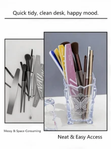 1 pieza Soporte transparente de acrílico para brochas de maquillaje, con decoración de patrón de mariposa, caja de almacenamiento de escritorio para cosméticos y herramientas de uñas - multicolor - Ver 4