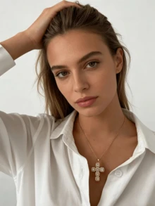 女士不锈钢十字架吊坠项链，镶嵌全铺镶人造钻石，时尚奢华优雅吊坠项链 - 銀色 - 查看 3