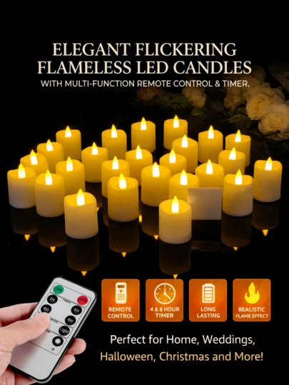 6/12/24支装遥控无焰蜡烛，许愿蜡烛，桌面装饰灯，续航时间超过400小时，LED茶蜡灯带遥控器，2/4/6/8小时定时器，电池供电暖白光，适用于圣诞节、万圣节、情人节、婚礼、家居、生日、办公室派对、户外、桌面摆设、中心装饰等场合