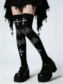 1双女士春夏深色蝙蝠交叉过膝袜，哥特朋克风格，适合万圣节、角色扮演，高弹显瘦大腿袜 - 彩色 - 查看 6
