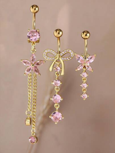 3pcs Women Heart, Bow, Flower, Butterfly Teardrop Navel Piercing Jewelry Set, Suitable For Beach, Holiday, Party, Occasions