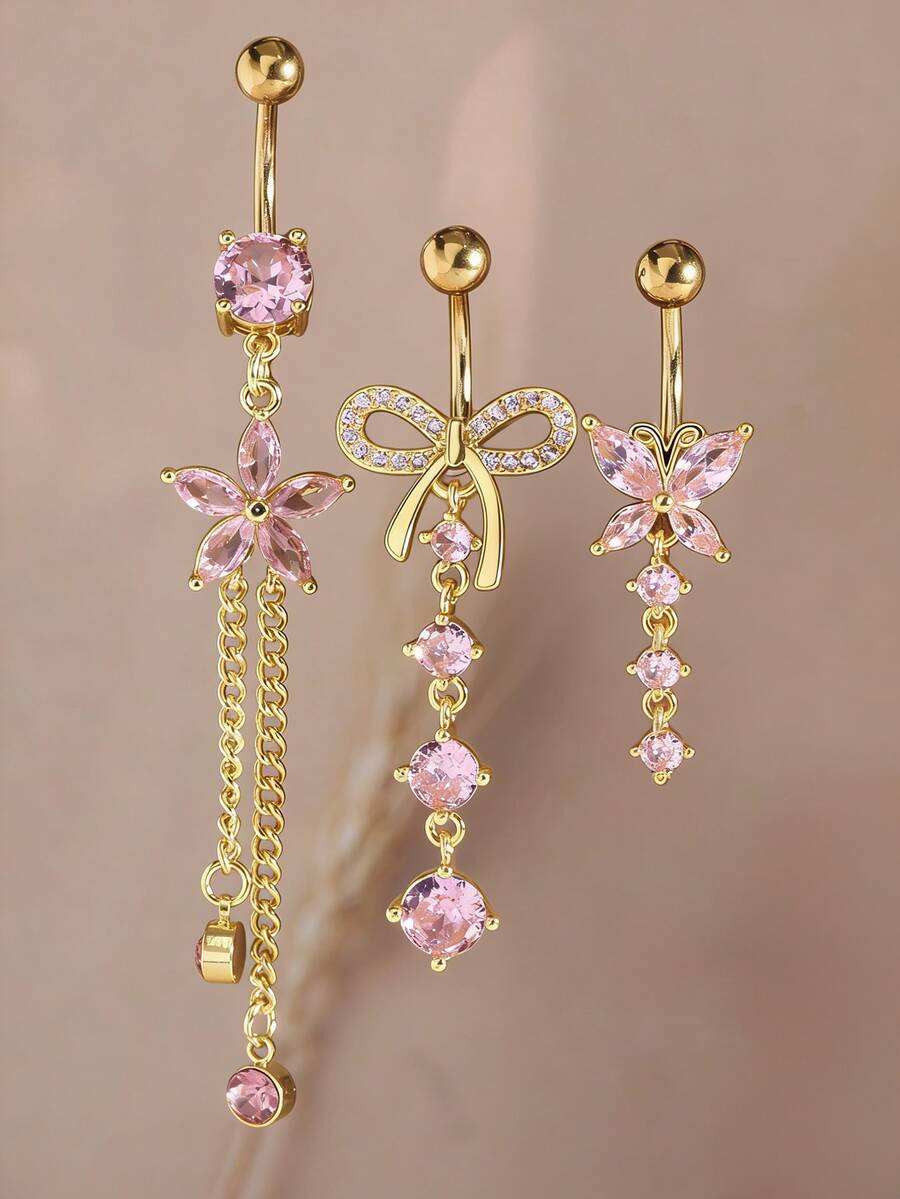 3pcs Women Heart, Bow, Flower, Butterfly Teardrop Navel Piercing Jewelry Set, Suitable For Beach, Holiday, Party, Occasions - 3 Pieces - View 1