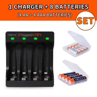 POWERKAN AA/AAA电池充电套装：4槽独立高速USB充电器+1.2V可充电电池（4节AA电池+4节AAA电池），家用电子产品必备套装，即买即用