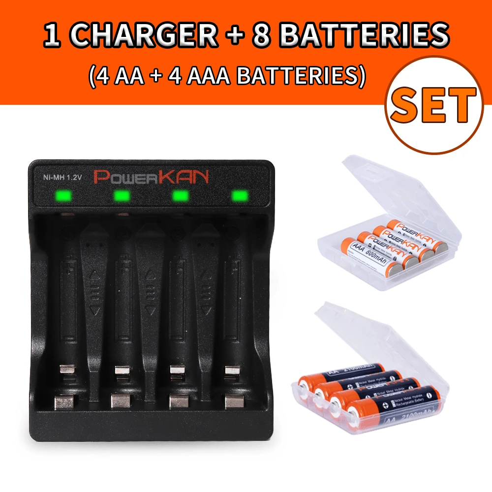 POWERKAN AA/AAA电池充电套装：4槽独立高速USB充电器+1.2V可充电电池（4节AA电池+4节AAA电池），家用电子产品必备套装，即买即用 - 是 - 查看 1