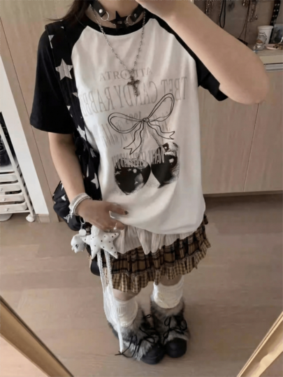 2026夏季新款宽松圆领撞色短袖T恤，樱桃印花可爱甜美少女休闲Y2K风格纯棉舒适女式衬衫