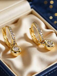Women's Gold-Plated Clip-On Earrings, Fully Inlaid With Zirconia And Zirconia Pendant Accents, Minimalist Elegant Style, Suitable For Daily Commute And Workwear, An Ideal Gift For Fashion Enthusiasts - Gold - View 1
