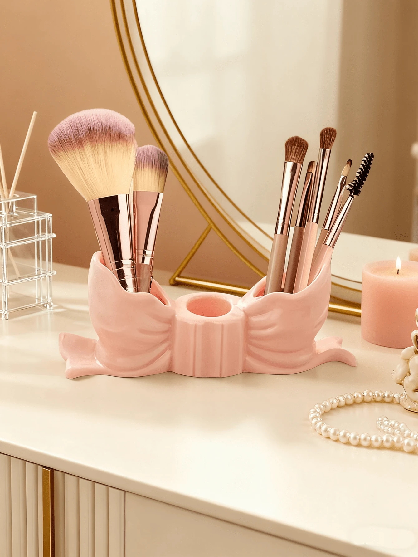 1 pieza Soporte de bolígrafo con forma de lazo adorable - Organizador de escritorio para brochas de maquillaje y útiles de oficina, elegante almacenamiento de brochas de maquillaje, perfecto para diseños decorativos creativos para niñas, estudiantes (consulte la tabla de tallas antes de comprar) - multicolor - Ver 1