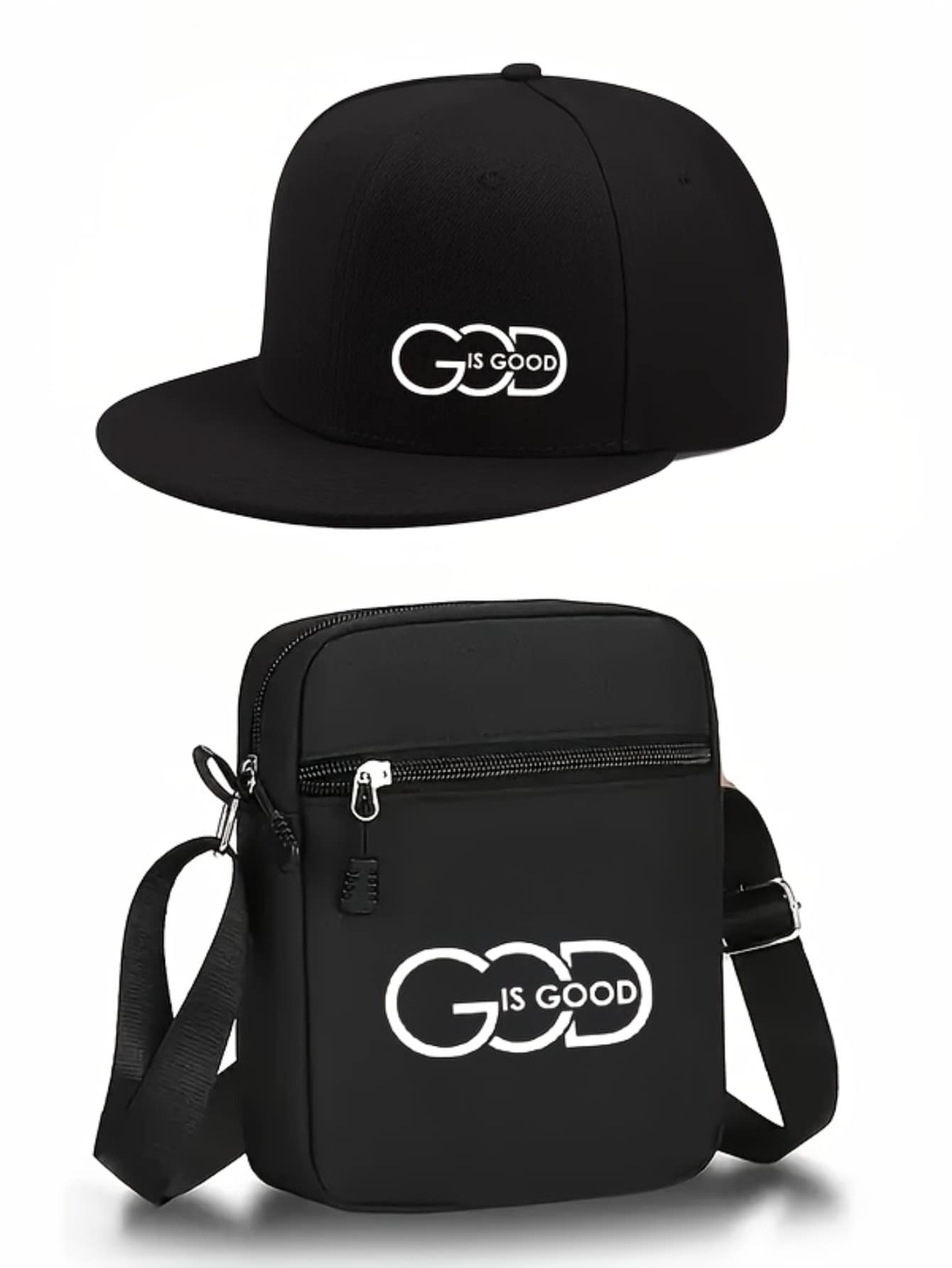 Set de 1 pieza/2 piezas de gorra de béisbol y bolso bandolera con estampado gráfico "DIOS ES BUENO", moda urbana para deportes al aire libre con visera plana ajustable, adecuado para uso diario, regalo para ti y tus amigos - Multicolor - Ver 1