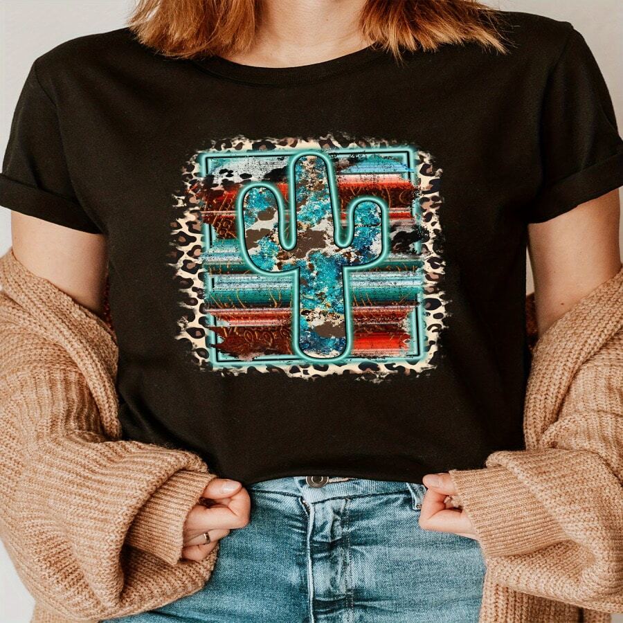 Camiseta Extra Grande para Mujer con Estampado de Cactus y Leopardo, Top Casual de Manga Corta con Cuello Redondo y Diseño Vibrante de Desierto, Perfecta para Primavera y Verano, Decoración de Cactus - Multicolor - Ver 1
