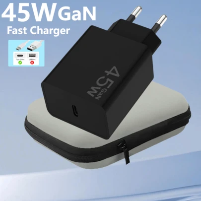 Bộ sạc nhanh USB-C 45W kèm 1 túi đựng màu bạc - Bộ sạc đa năng, công nghệ GaN, hỗ trợ sạc nhanh Type-C PD3.0/PPS, tương thích với iPhone 17/16/15/14, Galaxy, Z Fold 4/5/6, điện thoại thông minh/máy tính bảng/máy tính xách tay Pixel - Phích cắm nhỏ gọn màu đen