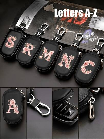 حافظة مفاتيح مزيّنة بزهرة أنيقة وحروف وردية، محفظة من جلد اصطناعي PU متعددة الوظائف أنيقة للرجال والنساء، حامل مفاتيح للسيارة والمنزل والمكتب. هدية عصرية للجنسين، اكسسوار سفر، مجوهرات أنيقة، صناعة عالية الجودة، اكسسوار احترافي. هدية عيد ميلاد، هدية ربيع/صيف