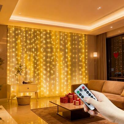 Dây đèn LED 8 chế độ chiếu sáng, thích hợp trang trí nhà cửa, dịp Giáng sinh, Halloween, hẹn hò, 4 màu sắc để lựa chọn, có điều khiển từ xa, đèn rèm, quà tặng sinh nhật, trang trí cắm trại, trang trí tường, đèn ngoài trời, vòng hoa trang trí ngày lễ, dùng nguồn USB, đèn tạo không khí lãng mạn cho tiệc cưới, sân hiên, sân vườn, phòng ngủ.