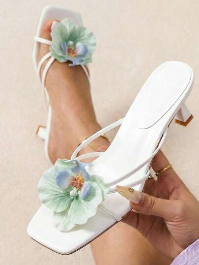 planare New Women's 3D Green Flower Decor High Heel Sandals, Elegant Low Heel High Heels, Suitable For Beach, Party, Date And Wedding Season, Paired With Bikini, Dress, Summer Fashion Elegant High Heel Sandals, Bridal High Heels