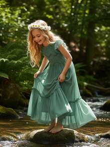 Tween Girls' Summer Holiday Contrast Lace Cap Sleeve Ruffle Hem Dress - 青碧色 - 查看 2