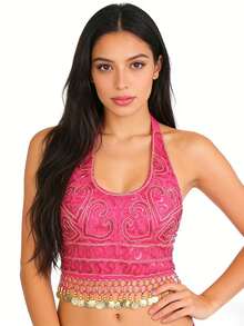 Halter Neck Sequin Embroidered Metal Disc Tassel Fringe Crop Top Belly Dance Performance Costume Party Festival Wear (Multiple Colors Available) - 彩色 - 查看 9