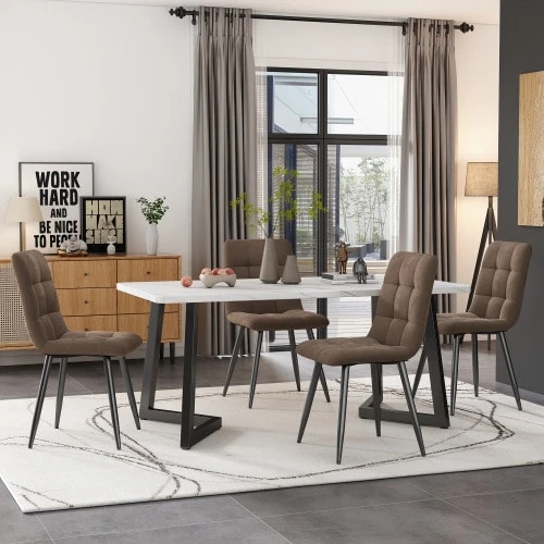 Dining Table And Chairs Set (Rectangular Table 117 X 68 Cm With 4 Chairs), Brown Velvet Dining Chairs, Black Table Legs. - Brown - View 1