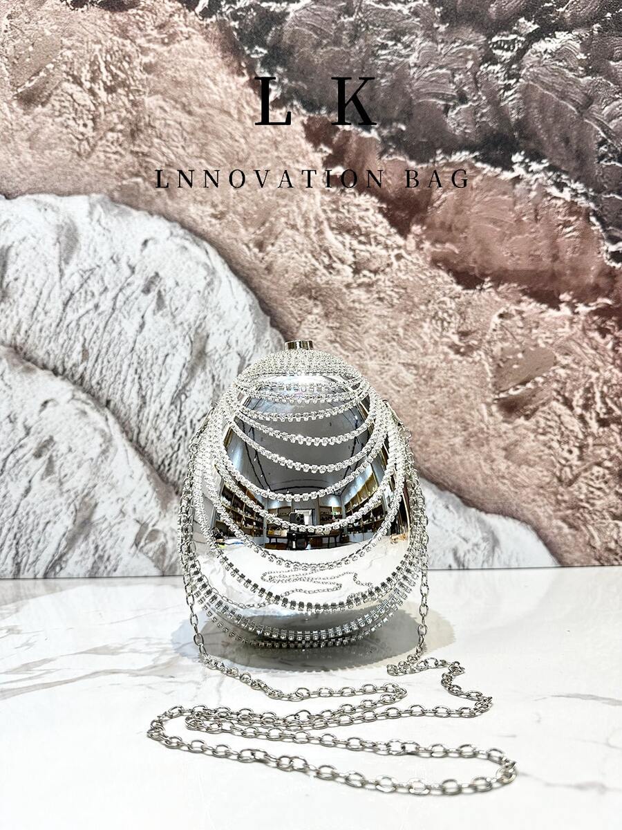 1pc New Luxury Gold Diamond Tassel Handbag, European And American Style Egg-Shaped Evening Clutch Bag, Suitable For Party, Banquet, Wedding - 彩色 - 查看 1