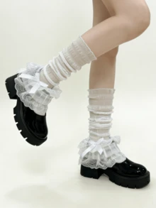 1双白色/黑色蕾丝边蝴蝶结洛丽塔风格甜美荷叶边腿套 - 彩色 - 查看 10