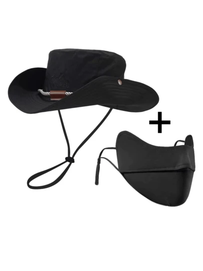 2pcs/Set Solid Color Mountain Peak Letter Embroidery Bucket Hat & Ice Sleeve Set, Polyester Sun Protection Hats Suitable For Outdoor Hiking Camping Travel, Great Gift For Family, Friends, Boyfriend/Girlfriend, Christmas, Mother's Day, Father's Day, Teacher's Day, Birthday