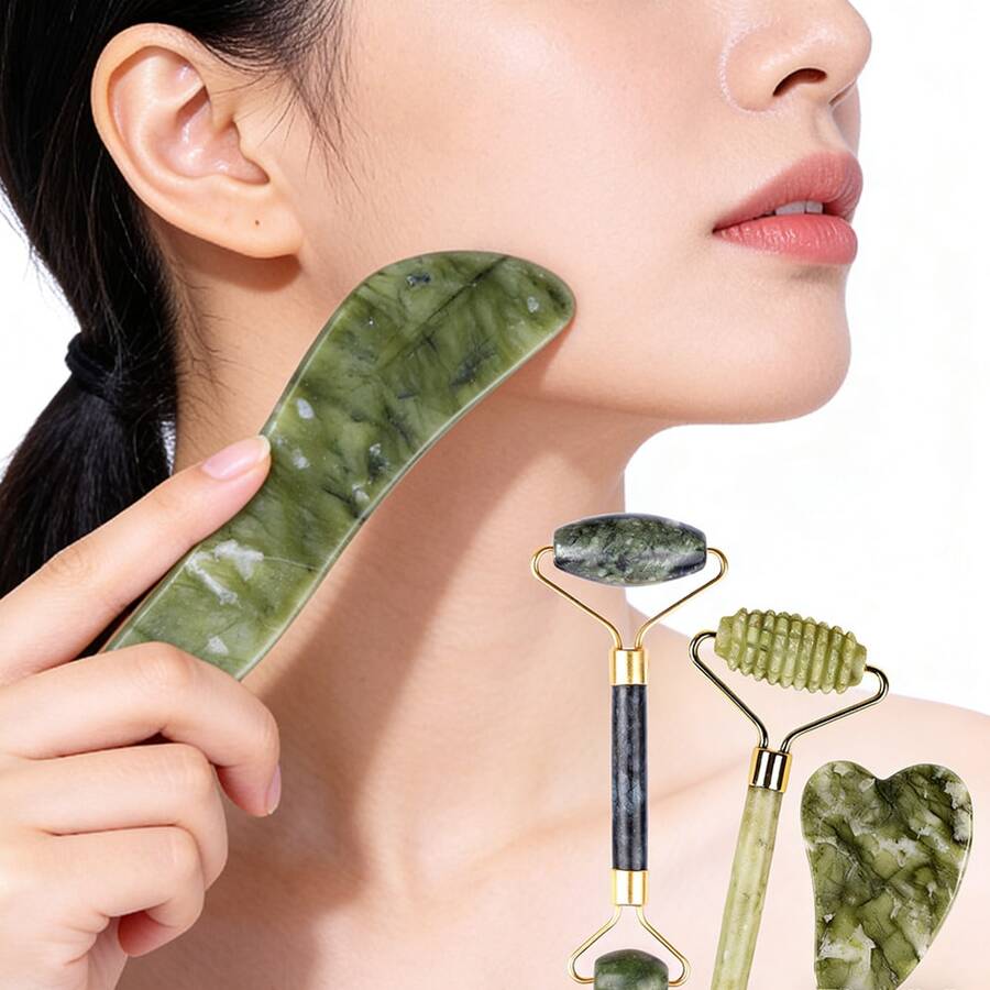 1/2/3/4件套玉石滚轮刮痧面部按摩工具，适用于面部和颈部，情人节和母亲节礼物，面部护理美容工具，美容师用品面部按摩滚轮 - 彩色 - 查看 1