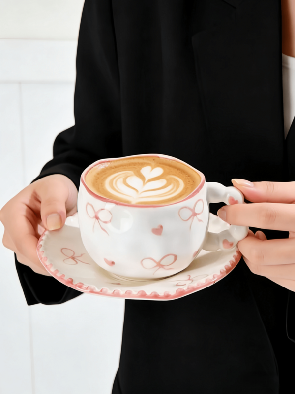 Bộ 1 tách và đĩa sứ nặn tay hình nơ và trái tim, kiểu Pháp dễ thương với họa tiết chấm bi nơ và trái tim, thích hợp dùng trong tiệc trà chiều và tráng miệng, quà tặng chất lượng cao, phù hợp cho nhà hàng, phòng khách, quán cà phê, làm quà tặng hoặc tiệc tùng.
