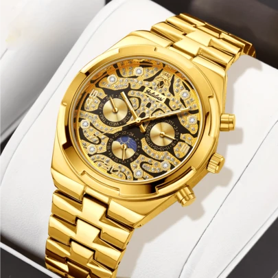  YaLaLuSi品牌1号奢华金色多功能男士石英表，日期和星期显示，夜光指针，镶钻防刮表壳，带表带调节器，完美适用于派对、日常通勤、商务场合，父亲节礼物、男友礼物、挚友礼物、节日礼物、生日礼物。