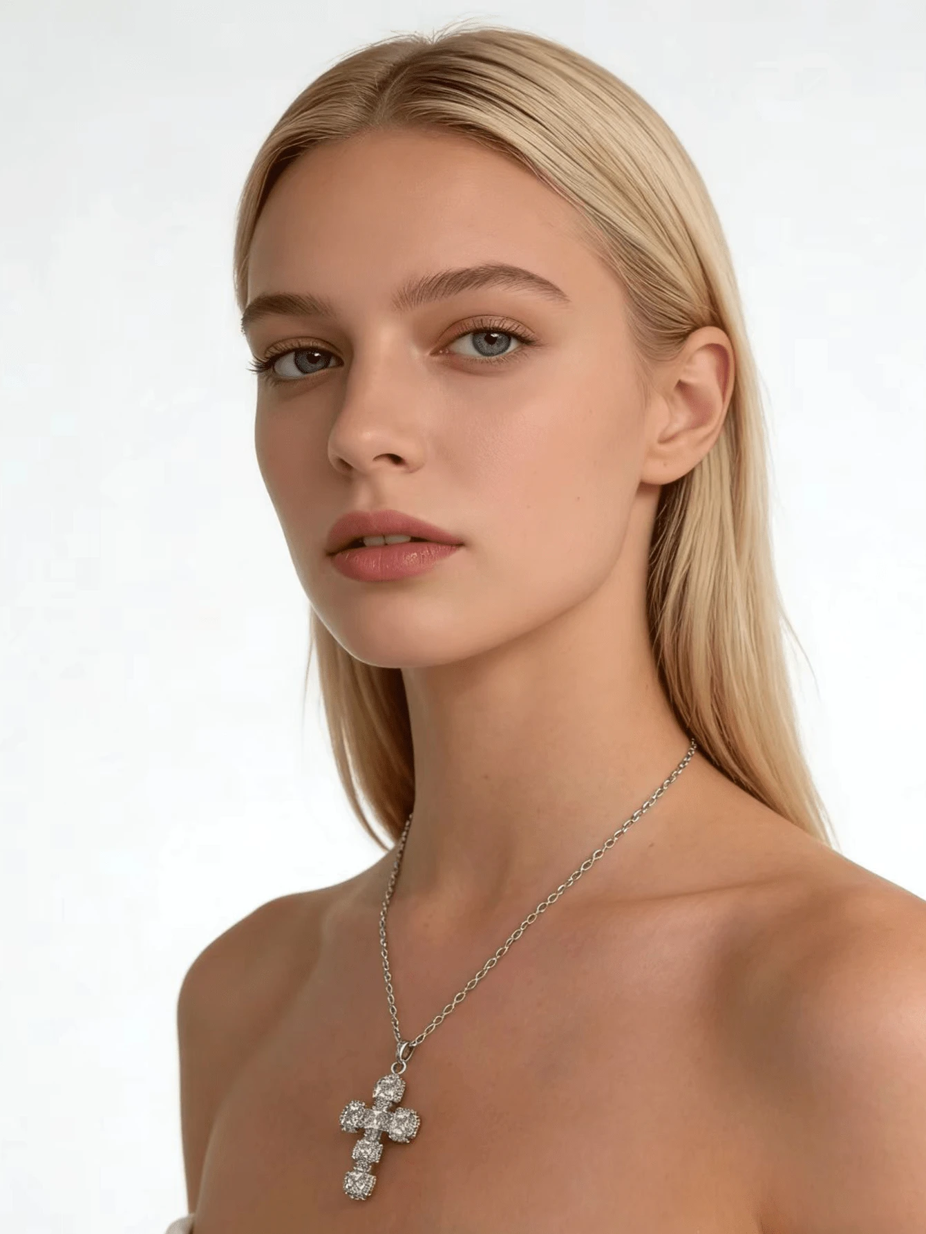 女士不锈钢十字架吊坠项链，镶嵌全铺镶人造钻石，时尚奢华优雅吊坠项链 - 銀色 - 查看 1