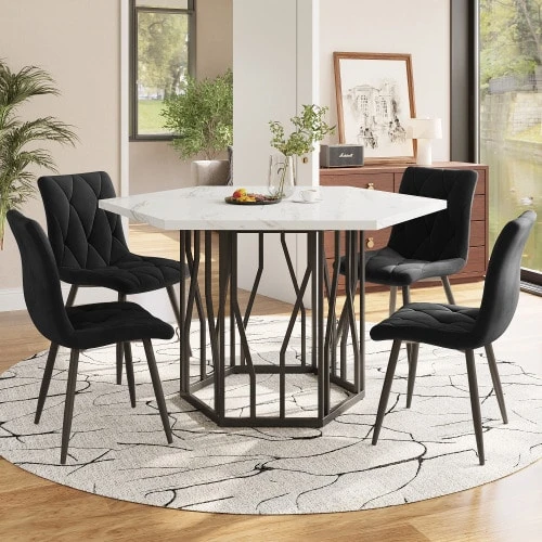Dining Table And Chairs Set (5 Pieces), Modern Hexagonal Marble Table + 4 Black Velvet Dining Chairs, Creating A Warm And Modern Atmosphere. - Black - View 1