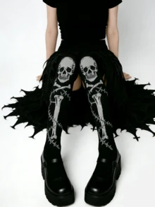 1双女士哥特骷髅荆棘印花过膝袜，Y2K甜美性感大腿袜，街头风长袜，适合JK洛丽塔角色扮演 - 彩色 - 查看 3