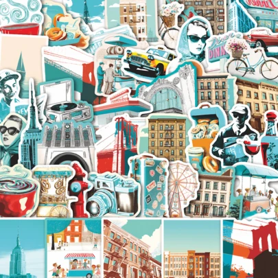 45张蓝色复古纽约涂鸦风格贴纸 - 防水乙烯基材质，适用于笔记本电脑、滑板、吉他、行李箱等 - 都市美学 DIY 装饰礼品剪贴簿用品文具趣味贴纸