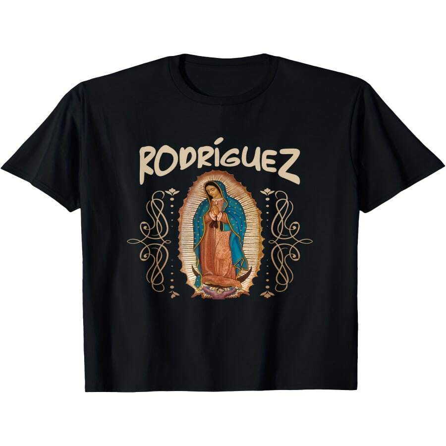 Camiseta Deportiva Casual de Manga Corta para Hombre - Virgen de Guadalupe con Apellido Rodríguez, Negra - Multicolor - Ver 1
