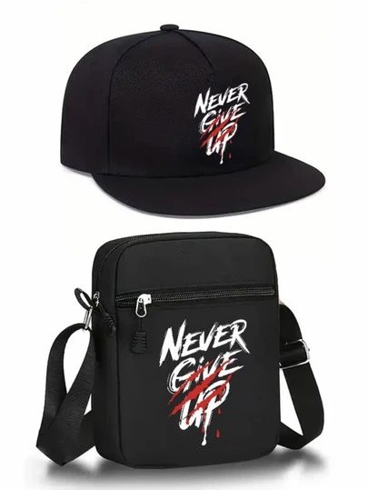 1pc/2pcs "Never Give Up" Positive Motivational Graphic Print Unisex Baseball Cap And Crossbody Bag Set, Streetwear Fashion Outdoor Sports Adjustable Flat Brim Cap And Shoulder Bag, Suitable For Daily Wear, Gift For Yourself And Friends