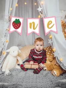 1 pièce Drapeau d'anniversaire de la première année du bébé avec décoration de garçon et fille aux fraises, convient pour les fêtes de bébé, les baby showers - Multicolore - Voir 3