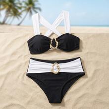 Wohenmeili Contrast Color Patchwork Metal Decor Women's Bikini Set High Cut Swimsuit Vacation Beachwear Sexy Two Piece Swimwear 2026 New Arrival - 黑與白 - 查看 12