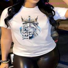 Camiseta Extra Grande, Suave y Holgada para Mujer, Camiseta con Gráfico de Corona de León, Manga Corta y Cuello Redondo, Lavable a Máquina, Casual, Perfecta para Todas las Estaciones. - Multicolor - Ver 1