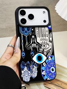 1pc Fashionable Blue Fatima Hand & Evil Eye Mosaic Pattern Litchi Texture Anti-Fall Anti-Slip Soft Phone Case Compatible With Apple, Phones - Multicolor - View 2