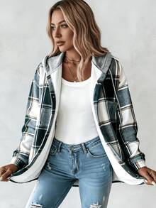 Women's Plaid Hooded Button Coat - Casual Winter Outfit Staple Hooded Plaid Long Sleeve Jacket - Versatile Cold-Weather Wear Plaid Pattern Hooded Coat - Practical Everyday Winter Wardrobe Pick Jackets For Womenwinter Clothes For Womenessentials Hoodiehoodies For Women - màu xanh lá - Xem 3