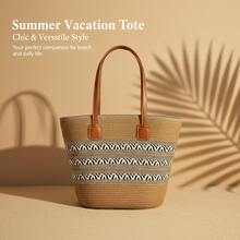 1pc Woven Design Shoulder Bag, Bohemian Crochet Bag, Summer Beach Vacation Tote Bag, Women Casual Large Capacity Portable Beach Bag - Light Khaki - View 8