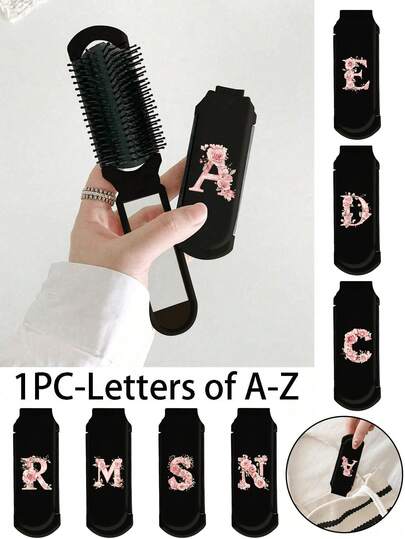 折叠式带镜便携迷你发梳，印有粉色玫瑰字母A-Z图案，小巧便携，二合一口袋梳子兼镜子，方便快速造型和补妆，是女性、女孩、青少年外出必备的美发神器 | 非常适合旅行、车内、健身房、钱包、办公室、学校、假发护理 | 情人节礼物之选，小礼物交换佳品