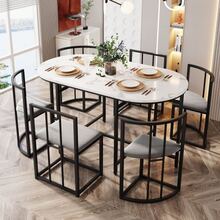 Table And Chair Set For Six People: (White Table, Chair With Grey Backrest And Cushion, Black Iron Frame), Table And Chair Set, Modern Table And Chair Combination (Original Reference: 308399408AAS) - Black - View 8