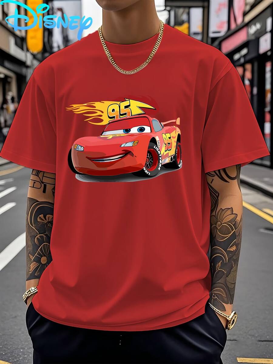 Disney Licensed Men's T-Shirt - Cars McQueen 95 Number Print Short-Sleeve Top, Crew Neck Casual Everyday Style, Machine Washable, Unique Graphic Design, Comfortable Fabric, Summer Wear, Durable And Creative Style, Suitable For Sports And Outdoor Activities, Great Gift, A Must-Have For Fashion Lovers - Red - View 1