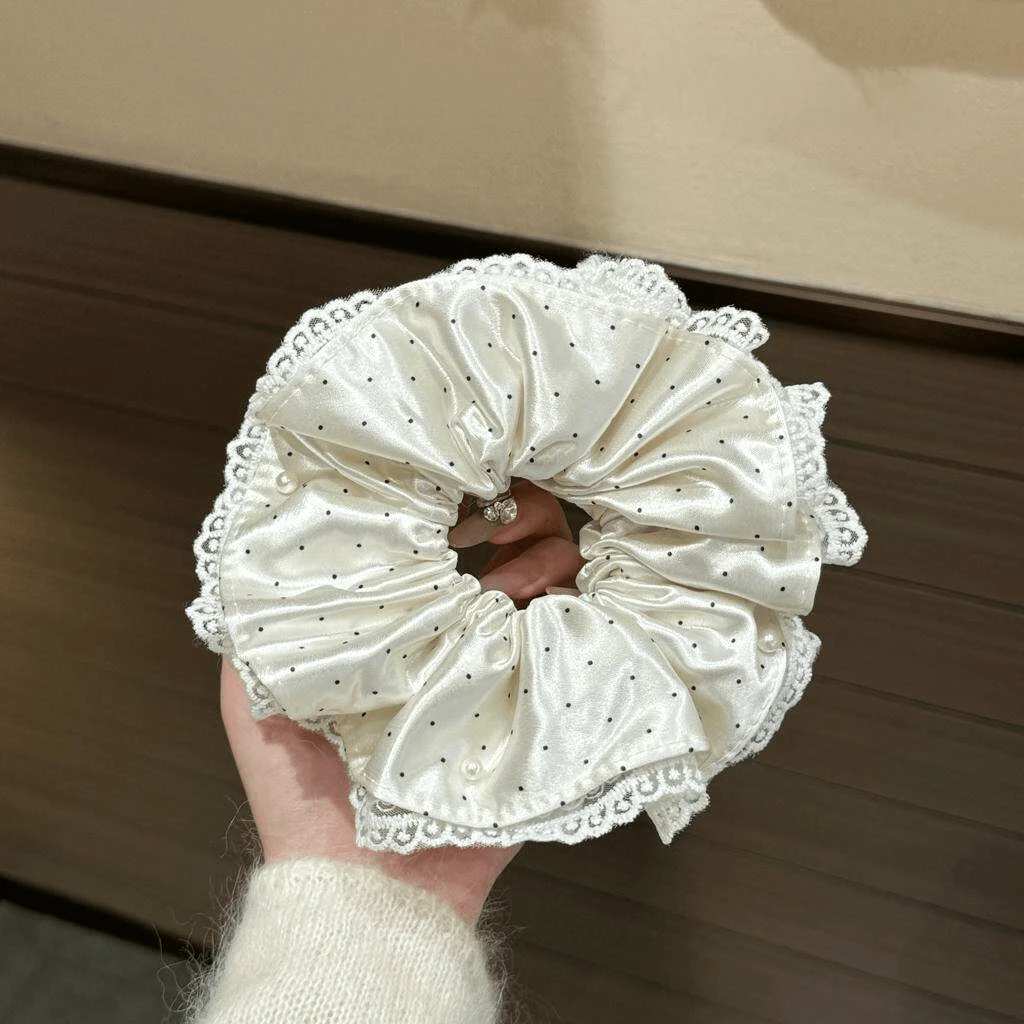 1pc White Lace Polka Dot Pearl Satin 4-Layer Scrunchie, Fluffy Giant Hair Tie, Suitable For Daily Wear, Parties, Gatherings, Vacations, All Seasons - Multicolor - View 1