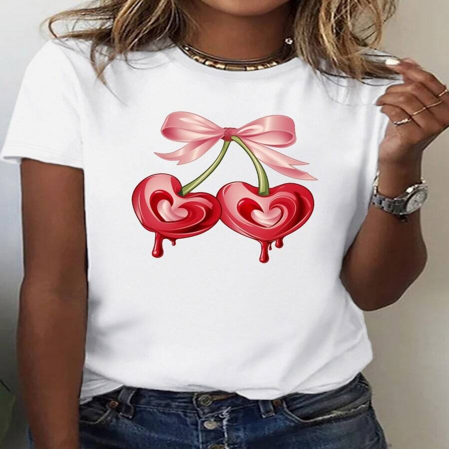 Camiseta Azul Real para Mujeres con Diseño de Cereza en Forma de Corazón y Lazo - Ajuste Cómodo, Manga Corta, Cuello Redondo, Estilo Casual, Lavable a Máquina, Camisetas para Damas - Multicolor - Ver 1