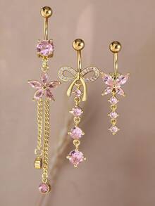 3pcs Women Heart, Bow, Flower, Butterfly Teardrop Navel Piercing Jewelry Set, Suitable For Beach, Holiday, Party, Occasions - 3 Pieces - View 9