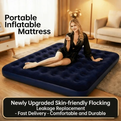 Nệm hơi đơn di động màu xanh nhung - Chất liệu pha trộn, tự bơm hơi, bao gồm túi đựng và bộ dụng cụ sửa chữa, lý tưởng cho cắm trại ngoài trời.